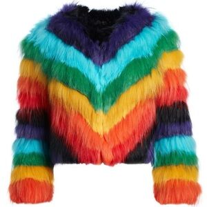 ALICE AND OLIVIA 
Rabbit + Fox mixed fur Jacket in rainbow colors